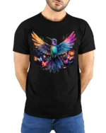 Vibrant Nature’s Flight Tee Rainbow Hummingbird with Flowers and Butterflies T-Shirt - model wearing black shirt, hands behind back