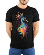 Vibrant Bird Tee Watercolor Rainbow Peacock Graphic T-Shirt for Peacock Fans - model wearing black shirt, hands behind back