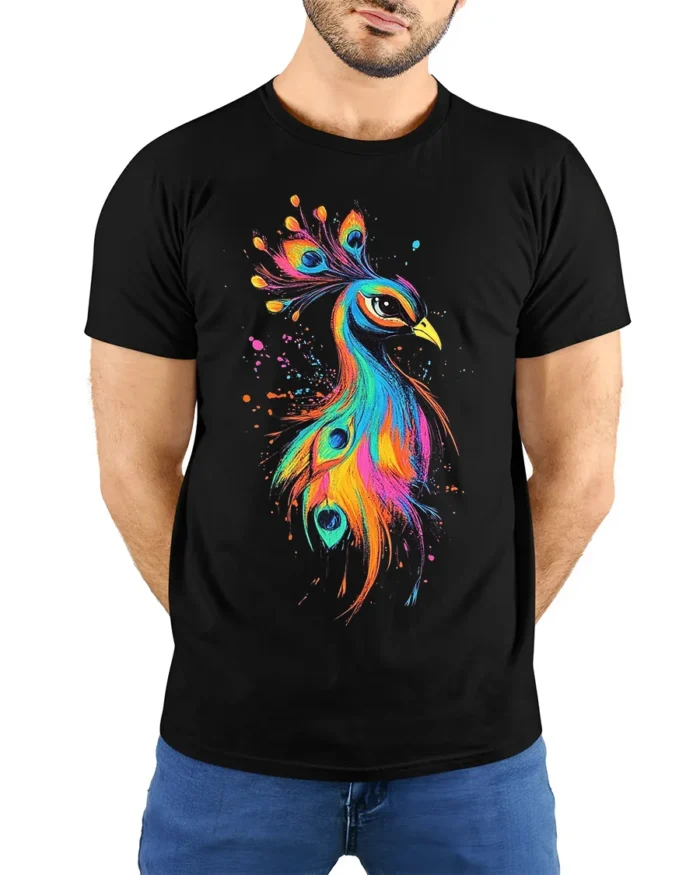 Vibrant Bird Tee Watercolor Rainbow Peacock Graphic T-Shirt for Peacock Fans - model wearing black shirt, hands behind back