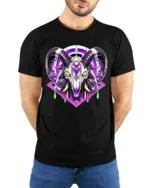 Cyber Ram Skull T-Shirt Neon Goat Head Graphic Tee for Alternative Fashion - model wearing black shirt, hands behind back
