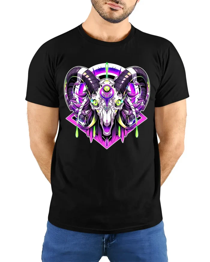 Cyber Ram Skull T-Shirt Neon Goat Head Graphic Tee for Alternative Fashion - model wearing black shirt, hands behind back