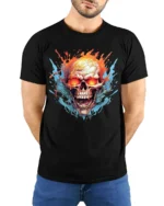 Inferno Skull T-Shirt Flaming Ghost Rider Graphic Tee for Metalheads - model wearing black shirt, hands behind back