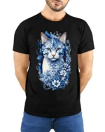 Azure Floral Cat Tee Elegant Blue Kitten with Flowers T-Shirt for Cat People - model wearing black shirt, hands behind back