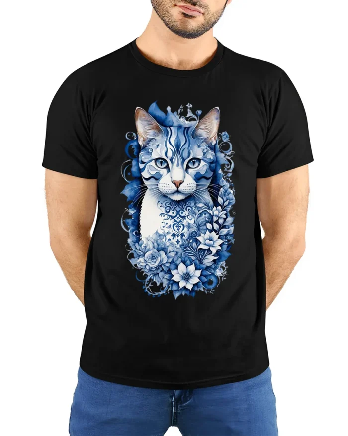 Azure Floral Cat Tee Elegant Blue Kitten with Flowers T-Shirt for Cat People - model wearing black shirt, hands behind back