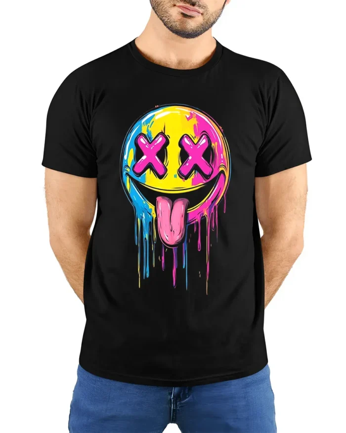 Melting Smiley Face Tee Colorful Dripping Emoji T-Shirt for Fun Style - model wearing black shirt, hands behind back