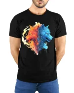 Fire and Ice Wolves T-Shirt Dual Wolf Spirit Graphic Tee for Bold Style - model wearing black shirt, hands behind back