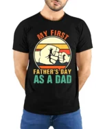 First Father’s Day Fist Bump Tee New Dad T-Shirt for Proud Fathers - model wearing black shirt, hands behind back