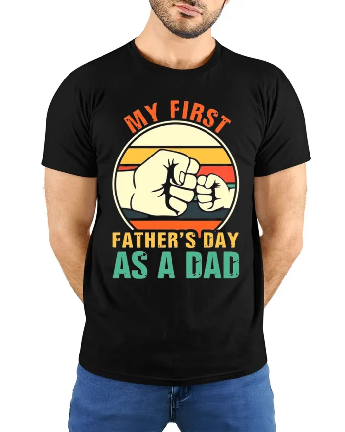 First Father’s Day Fist Bump Tee New Dad T-Shirt for Proud Fathers - model wearing black shirt, hands behind back