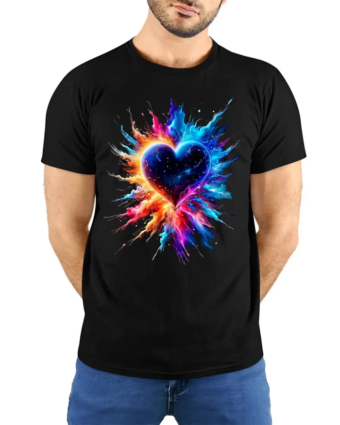 Exploding Heart Tee Vibrant Colorful Love T-Shirt for Passionate Souls - model wearing black shirt, hands behind back