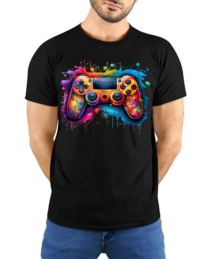 Splash Gamer Tee Vibrant Colorful Controller T-Shirt for Video Game Fans - model wearing black shirt, hands behind back