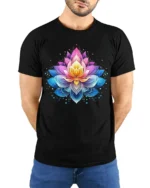 Gradient Lotus Tee Vibrant Ombre Flower T-Shirt for Yoga Zen Meditation - model wearing black shirt, hands behind back