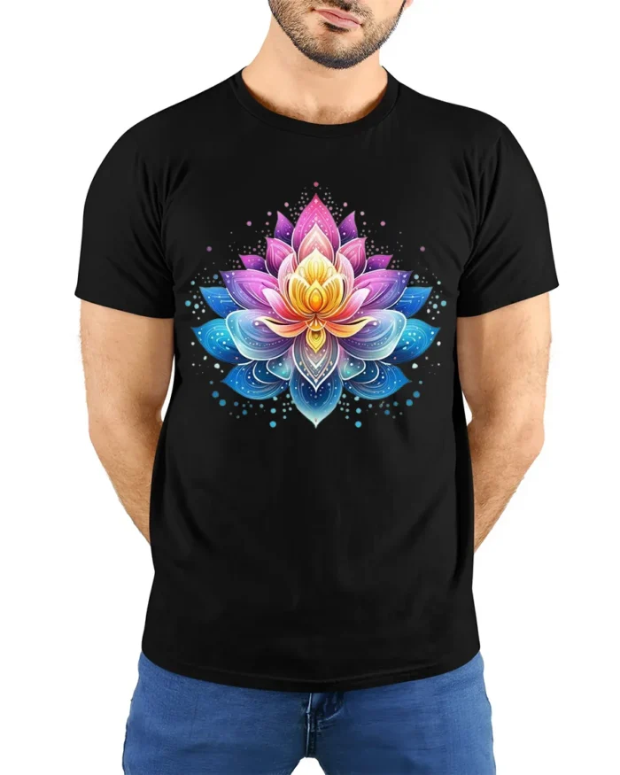 Gradient Lotus Tee Vibrant Ombre Flower T-Shirt for Yoga Zen Meditation - model wearing black shirt, hands behind back