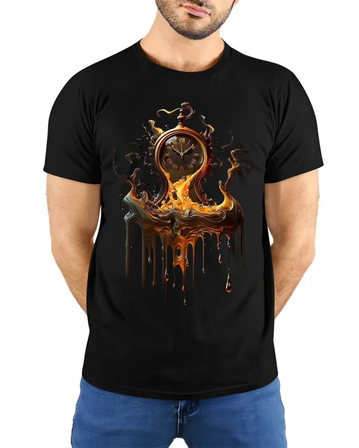 Melting Time T-Shirt Surreal Pocket Watch Graphic Tee for Art Lovers - model wearing black shirt, hands behind back