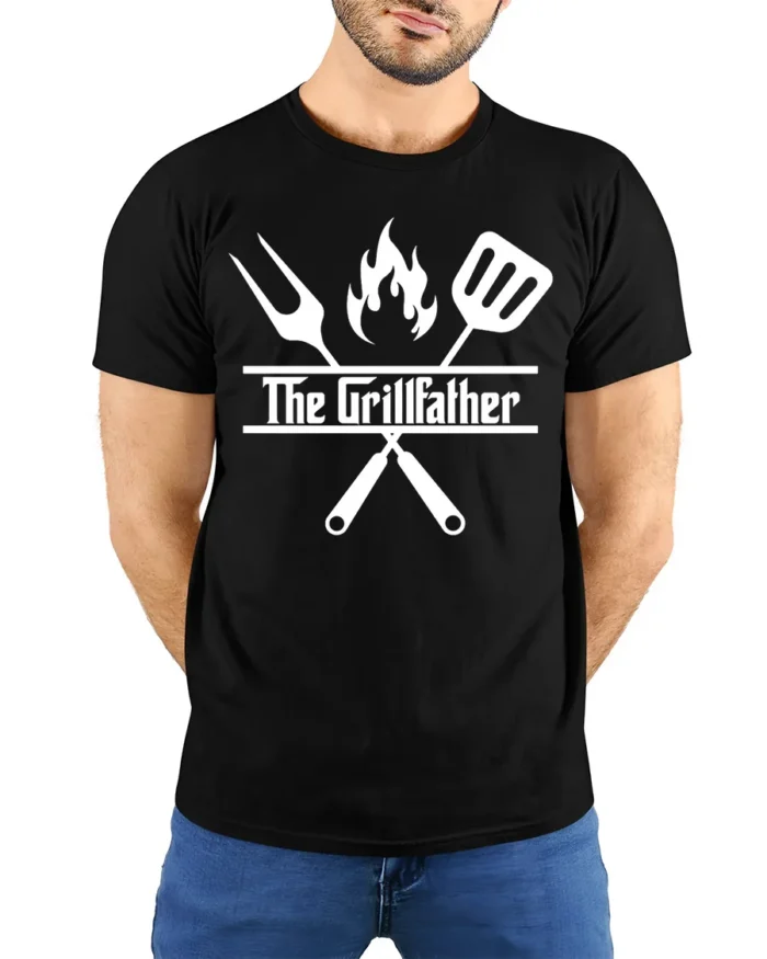 Grilling Godfather T-Shirt Funny BBQ Master Tee for Dad the Grill Boss - model wearing black shirt, hands behind back