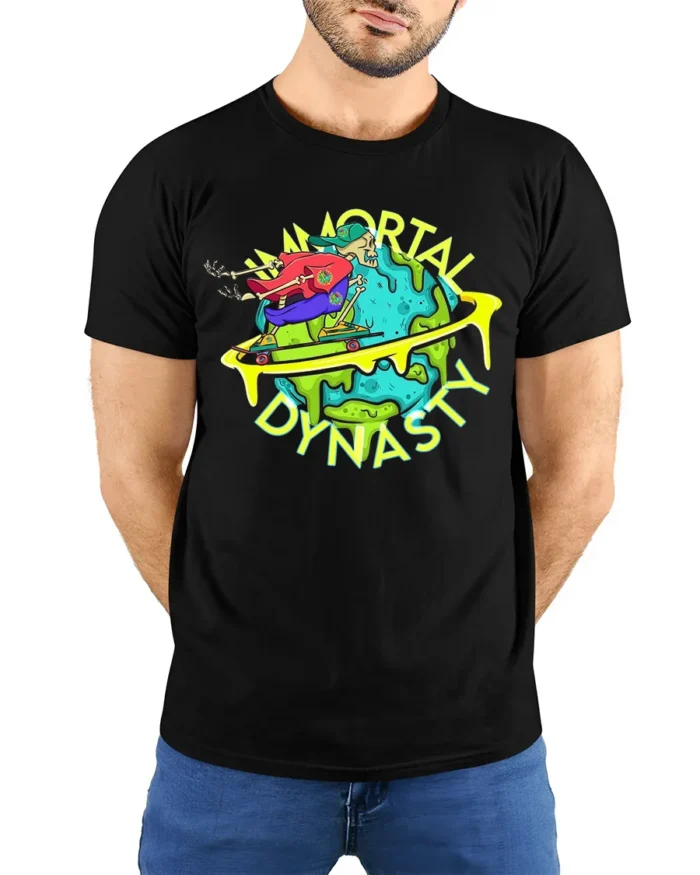 Skateboarding Skull Tee Immortal Dynasty Funny Apocalypse T-Shirt for All - model wearing black shirt, hands behind back