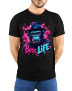 Monkey Boss Life T-Shirt Humorous Ape Tee for Success Minded Individuals - model wearing black shirt, hands behind back