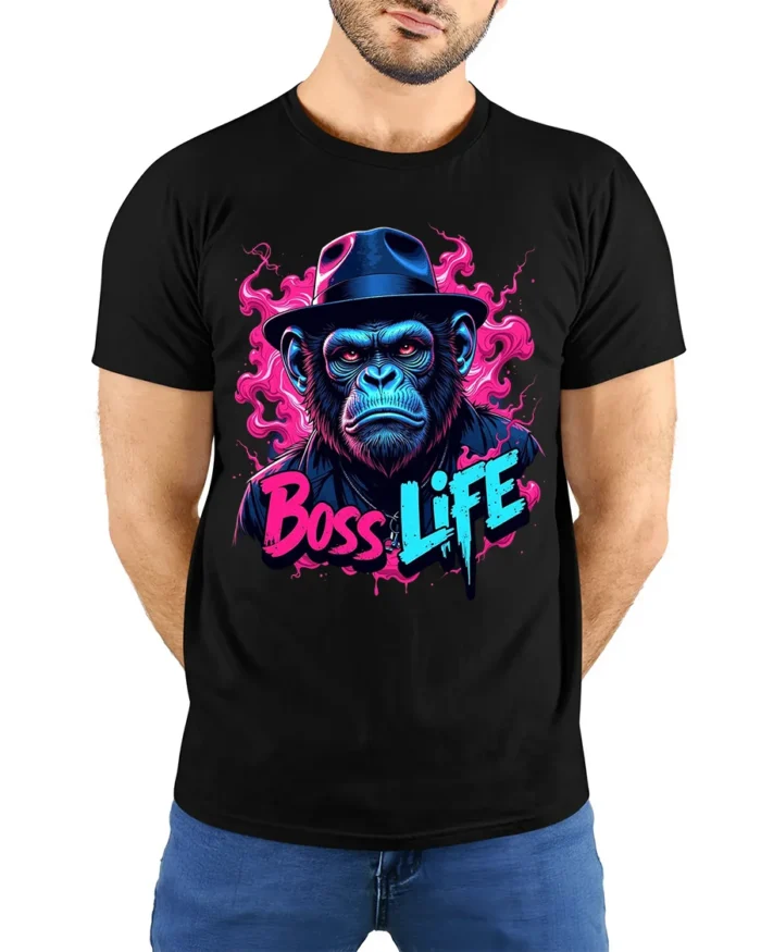Monkey Boss Life T-Shirt Humorous Ape Tee for Success Minded Individuals - model wearing black shirt, hands behind back