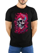 Dripping Skull Tee Abstract Colorful Skull T-Shirt for Edgy Style - model wearing black shirt, hands behind back