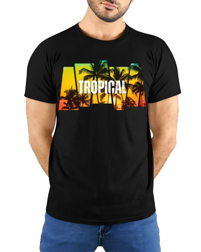 Tropical Sunset Palm Tree T-Shirt Island Vacation Beach Tee for Summer Vibes - model wearing black shirt, hands behind back