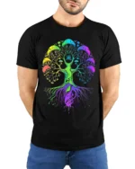 Psychedelic Shroom Chakra Tree Yoga Zen T-Shirt Colorful Fungi Forest Tee for US Explorers - model wearing black shirt, hands behind back