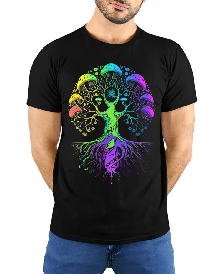 Psychedelic Shroom Chakra Tree Yoga Zen T-Shirt Colorful Fungi Forest Tee for US Explorers - model wearing black shirt, hands behind back