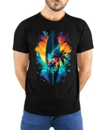 Colorful Surf Vibes T-Shirt Palm Tree and Sunset Graphic Tee for Summer Days - model wearing black shirt, hands behind back
