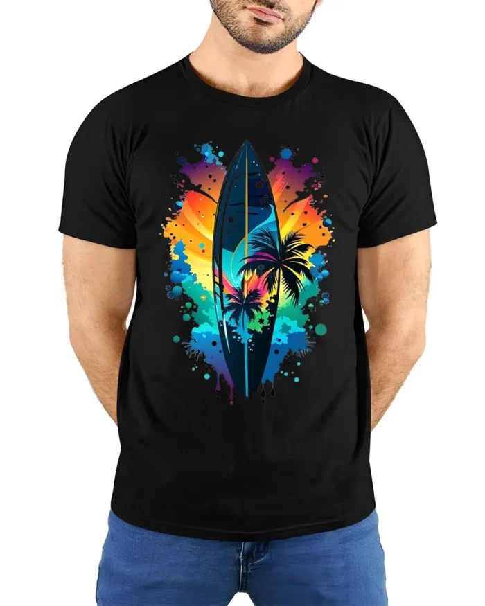 Colorful Surf Vibes T-Shirt Palm Tree and Sunset Graphic Tee for Summer Days - model wearing black shirt, hands behind back