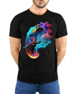 Cosmic Elephant T-Shirt Vibrant Animal Graphic Tee with Dreamy Galaxy Clouds - model wearing black shirt, hands behind back