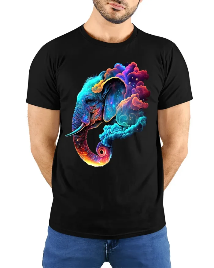 Cosmic Elephant T-Shirt Vibrant Animal Graphic Tee with Dreamy Galaxy Clouds - model wearing black shirt, hands behind back