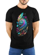 Colorful Feather Spiral Artistic Floral Print Tee for Boho Style Lovers T-Shirt - model wearing black shirt, hands behind back