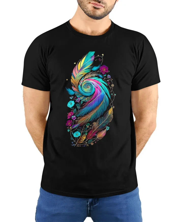 Colorful Feather Spiral  Artistic Floral Print Tee for Boho Style Lovers T-Shirt - model wearing black shirt, hands behind back