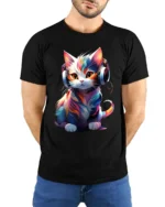 T-Shirt Music Cat Graphic Bright Artistic DJ Kitty Tee for Trendy Pet Fans - model wearing black shirt, hands behind back