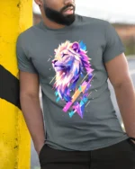 Majestic Neon Lion Graphic Bold Vibrant T-Shirt - model in grey shirt leaning against column