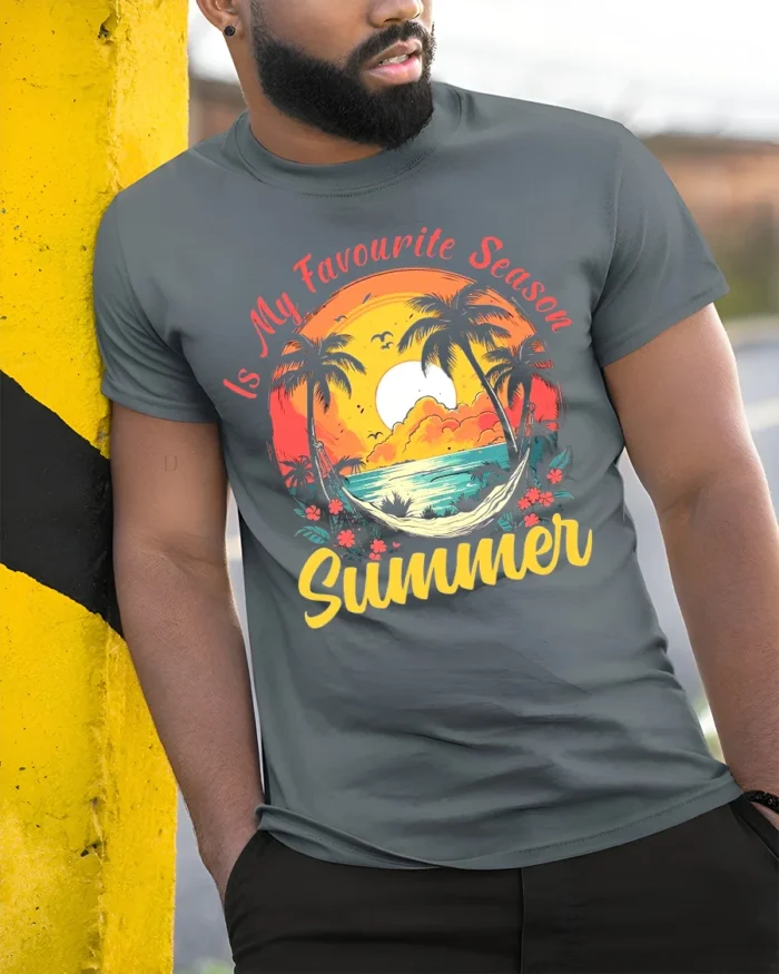 Summer Favourite Season T-Shirt Tropical Beach Vacation Tee for Sunshine Lovers - model in grey shirt leaning against column