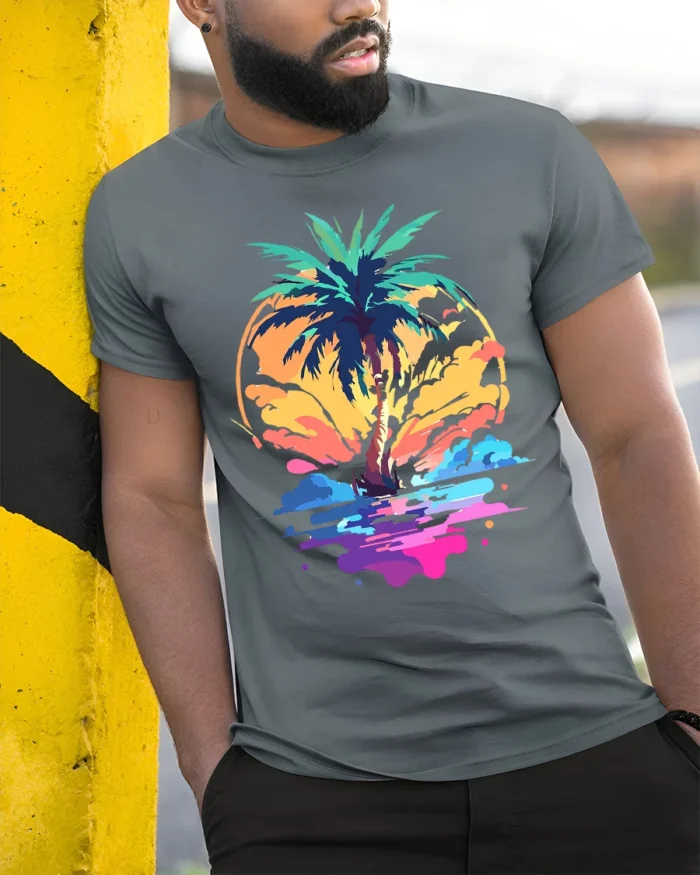 Vibrant Palm Sunset T-Shirt Abstract Tropical Beach Graphic Tee for Summer Vibes - model in grey shirt leaning against column