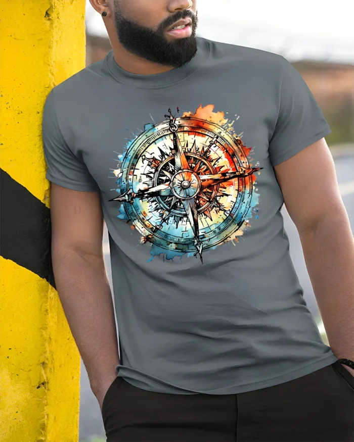 Watercolor Compass T-Shirt Artistic Nautical Travel Tee for Adventure Seekers - model in grey shirt leaning against column