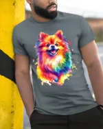Colorful Pom Abstract Watercolor Pomeranian T-Shirt for Dog Fans - model in grey shirt leaning against column