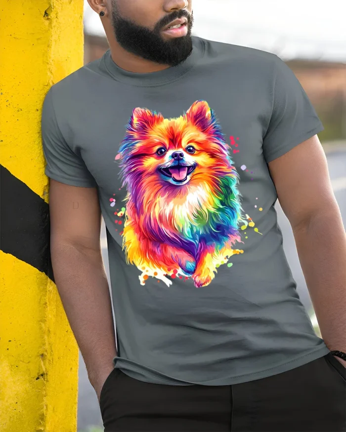 Colorful Pom Abstract Watercolor Pomeranian T-Shirt for Dog Fans - model in grey shirt leaning against column