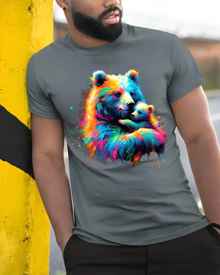 Colorful Bear Hug Tee Abstract Watercolor Mother and Baby Bear T-Shirt for US - model in grey shirt leaning against column