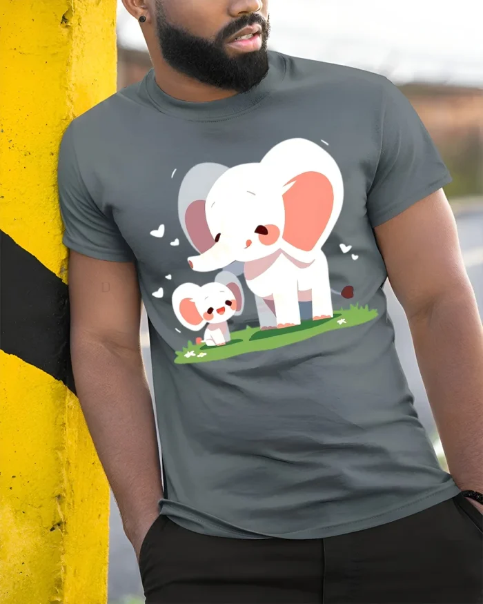 Cute Elephant Family T-Shirt Mommy and Baby Elephant Love Graphic Tee for US - model in grey shirt leaning against column