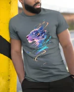 Colorful Tiger Graphic T-Shirt Abstract Big Cat Art Tee for Bold Individuals - model in grey shirt leaning against column