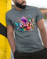 Colorful Papa Butterfly Tee Vibrant Father’s Day T-Shirt with Butterfly Art - model in grey shirt leaning against column