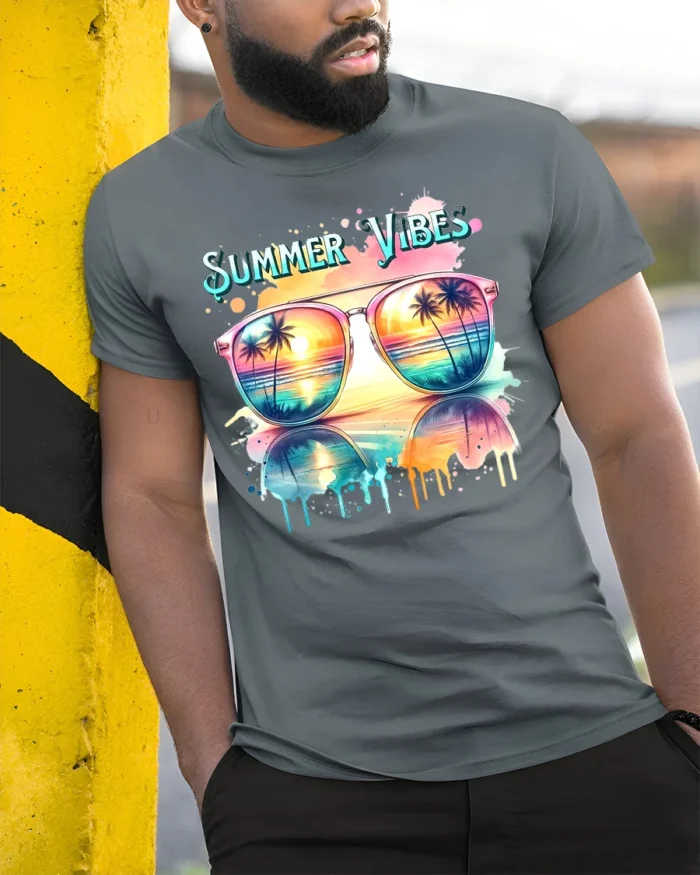 Summer Vibes Sunglasses Tee Tropical Beach T-Shirt for Sunshine Lovers - model in grey shirt leaning against column