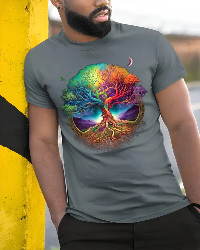 Vibrant Life Tree Yoga Zen Tee Rainbow Colored Spiritual Nature T-Shirt for All - model in grey shirt leaning against column