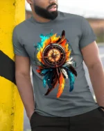 Nautical Feather T-Shirt Artistic Compass Graphic Tee for Explorers and Dreamers - model in grey shirt leaning against column