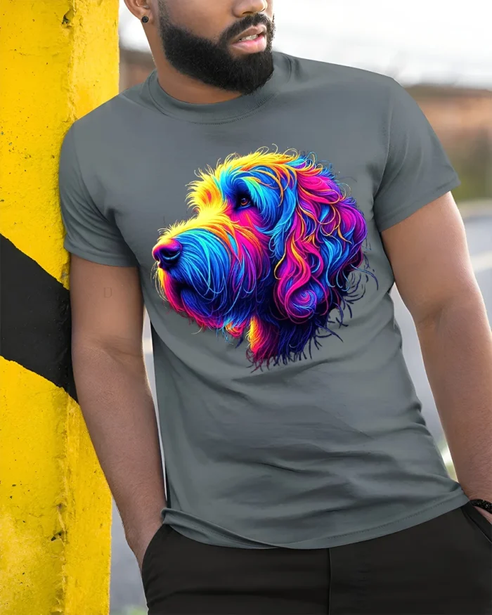 Rainbow Otterhound Tee Vibrant Abstract Dog T-Shirt for Otterhound Lovers - model in grey shirt leaning against column