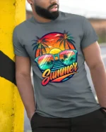 Retro Summer Vibes Tee Sunset Beach Sunglasses T-Shirt for Vacation Lovers - model in grey shirt leaning against column