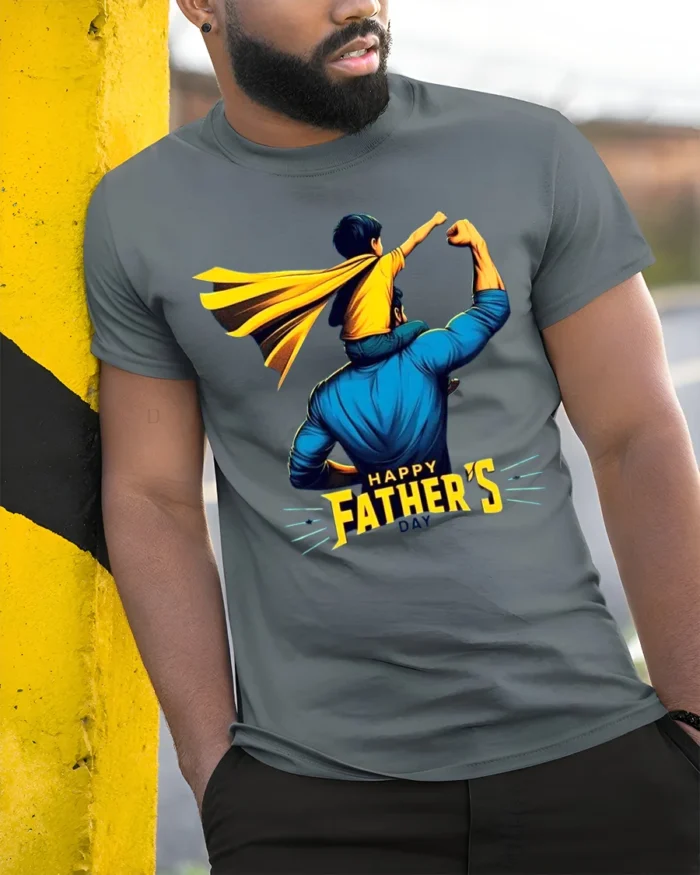 Superhero Dad Son Tee Happy Father’s Day T-Shirt for Super Dads - model in grey shirt leaning against column