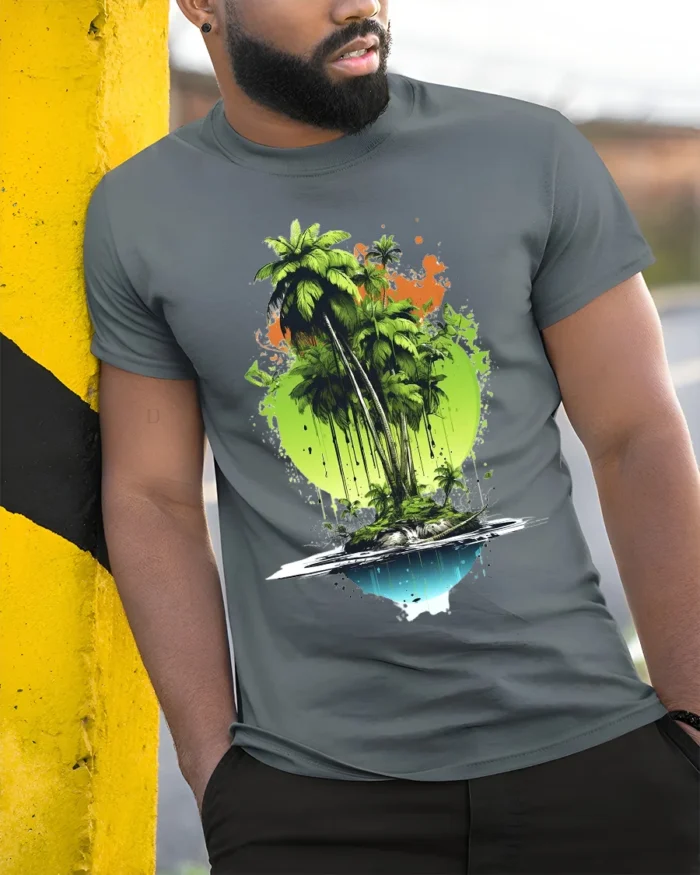 Tropical Island Reflection Tee Abstract Palm Tree Beach T-Shirt for Vacation - model in grey shirt leaning against column