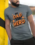 My Dad My Hero Tee Loving Father’s Day T-Shirt Gift for Best Dads - model in grey shirt leaning against column